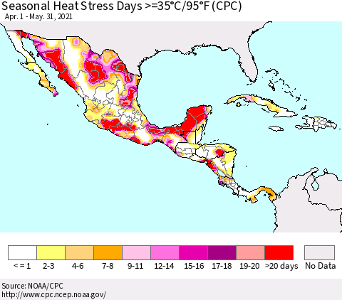 Mexico Central America and the Caribbean Seasonal Heat Stress Days >=35°C/95°F (CPC) Thematic Map For 4/1/2021 - 5/31/2021