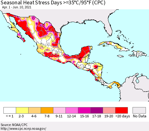 Mexico Central America and the Caribbean Seasonal Heat Stress Days >=35°C/95°F (CPC) Thematic Map For 4/1/2021 - 6/10/2021