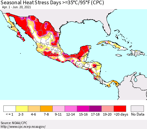 Mexico Central America and the Caribbean Seasonal Heat Stress Days >=35°C/95°F (CPC) Thematic Map For 4/1/2021 - 6/20/2021