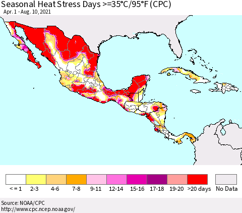 Mexico Central America and the Caribbean Seasonal Heat Stress Days >=35°C/95°F (CPC) Thematic Map For 4/1/2021 - 8/10/2021
