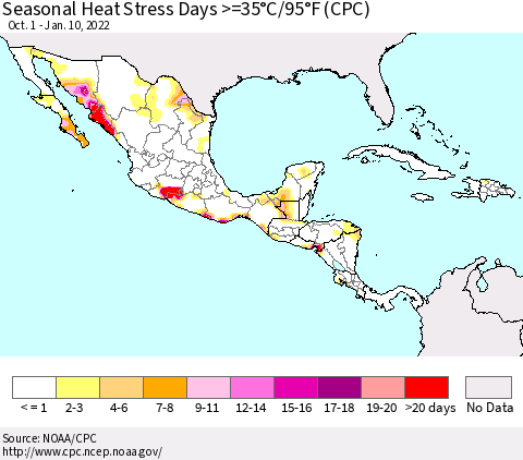 Mexico Central America and the Caribbean Seasonal Heat Stress Days >=35°C/95°F (CPC) Thematic Map For 10/1/2021 - 1/10/2022