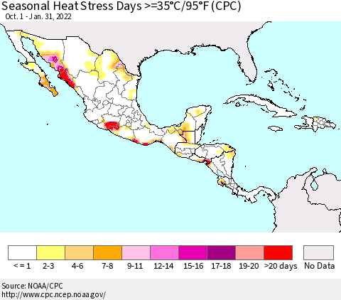 Mexico Central America and the Caribbean Seasonal Heat Stress Days >=35°C/95°F (CPC) Thematic Map For 10/1/2021 - 1/31/2022