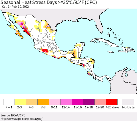 Mexico Central America and the Caribbean Seasonal Heat Stress Days >=35°C/95°F (CPC) Thematic Map For 10/1/2021 - 2/10/2022