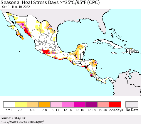 Mexico Central America and the Caribbean Seasonal Heat Stress Days >=35°C/95°F (CPC) Thematic Map For 10/1/2021 - 3/10/2022