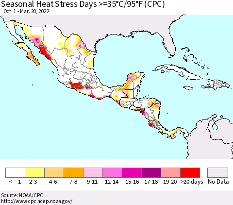 Mexico Central America and the Caribbean Seasonal Heat Stress Days >=35°C/95°F (CPC) Thematic Map For 10/1/2021 - 3/20/2022