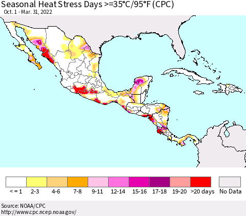 Mexico Central America and the Caribbean Seasonal Heat Stress Days >=35°C/95°F (CPC) Thematic Map For 10/1/2021 - 3/31/2022