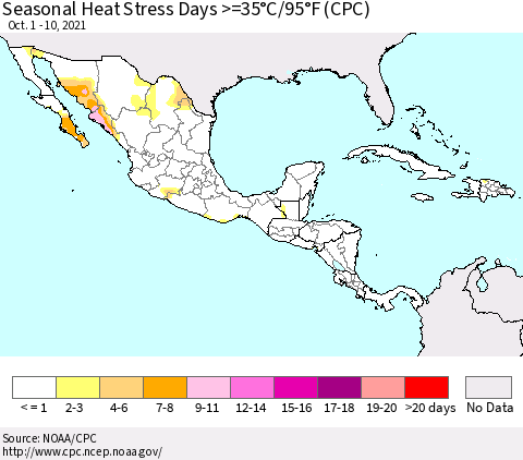 Mexico Central America and the Caribbean Seasonal Heat Stress Days >=35°C/95°F (CPC) Thematic Map For 10/1/2021 - 10/10/2021