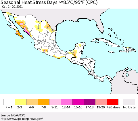 Mexico Central America and the Caribbean Seasonal Heat Stress Days >=35°C/95°F (CPC) Thematic Map For 10/1/2021 - 10/20/2021