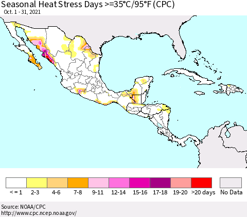 Mexico Central America and the Caribbean Seasonal Heat Stress Days >=35°C/95°F (CPC) Thematic Map For 10/1/2021 - 10/31/2021