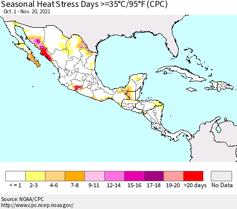 Mexico Central America and the Caribbean Seasonal Heat Stress Days >=35°C/95°F (CPC) Thematic Map For 10/1/2021 - 11/20/2021