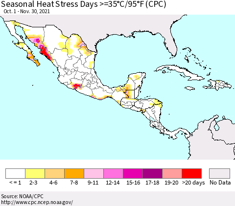 Mexico Central America and the Caribbean Seasonal Heat Stress Days >=35°C/95°F (CPC) Thematic Map For 10/1/2021 - 11/30/2021