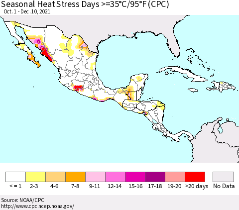 Mexico Central America and the Caribbean Seasonal Heat Stress Days >=35°C/95°F (CPC) Thematic Map For 10/1/2021 - 12/10/2021