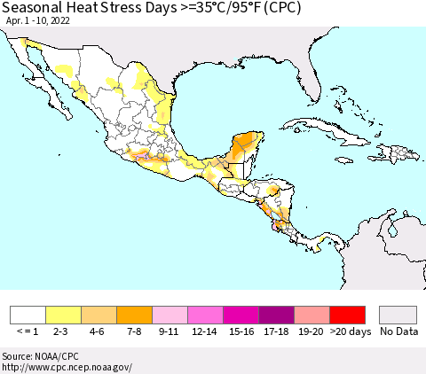 Mexico Central America and the Caribbean Seasonal Heat Stress Days >=35°C/95°F (CPC) Thematic Map For 4/1/2022 - 4/10/2022
