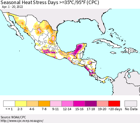 Mexico Central America and the Caribbean Seasonal Heat Stress Days >=35°C/95°F (CPC) Thematic Map For 4/1/2022 - 4/20/2022
