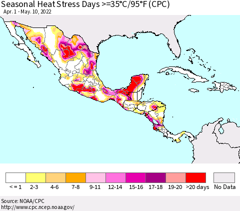 Mexico Central America and the Caribbean Seasonal Heat Stress Days >=35°C/95°F (CPC) Thematic Map For 4/1/2022 - 5/10/2022