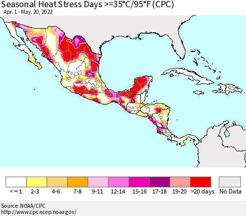 Mexico Central America and the Caribbean Seasonal Heat Stress Days >=35°C/95°F (CPC) Thematic Map For 4/1/2022 - 5/20/2022