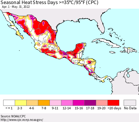 Mexico Central America and the Caribbean Seasonal Heat Stress Days >=35°C/95°F (CPC) Thematic Map For 4/1/2022 - 5/31/2022