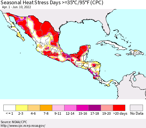 Mexico Central America and the Caribbean Seasonal Heat Stress Days >=35°C/95°F (CPC) Thematic Map For 4/1/2022 - 6/10/2022