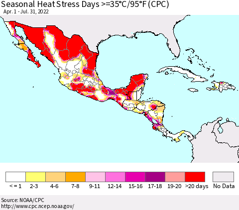 Mexico Central America and the Caribbean Seasonal Heat Stress Days >=35°C/95°F (CPC) Thematic Map For 4/1/2022 - 7/31/2022
