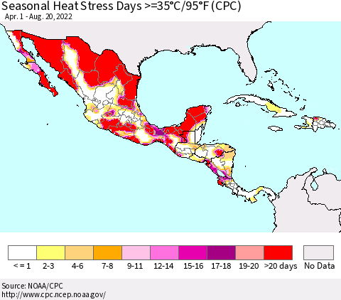 Mexico Central America and the Caribbean Seasonal Heat Stress Days >=35°C/95°F (CPC) Thematic Map For 4/1/2022 - 8/20/2022