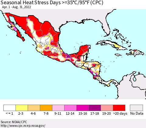 Mexico Central America and the Caribbean Seasonal Heat Stress Days >=35°C/95°F (CPC) Thematic Map For 4/1/2022 - 8/31/2022