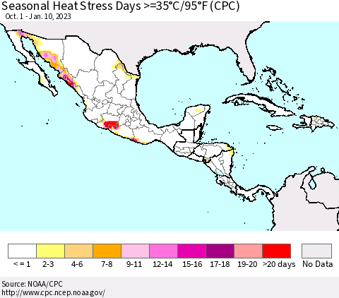 Mexico Central America and the Caribbean Seasonal Heat Stress Days >=35°C/95°F (CPC) Thematic Map For 10/1/2022 - 1/10/2023