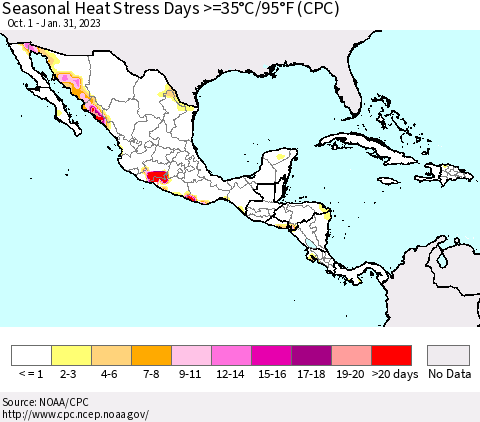 Mexico Central America and the Caribbean Seasonal Heat Stress Days >=35°C/95°F (CPC) Thematic Map For 10/1/2022 - 1/31/2023