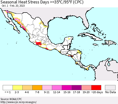 Mexico Central America and the Caribbean Seasonal Heat Stress Days >=35°C/95°F (CPC) Thematic Map For 10/1/2022 - 2/20/2023