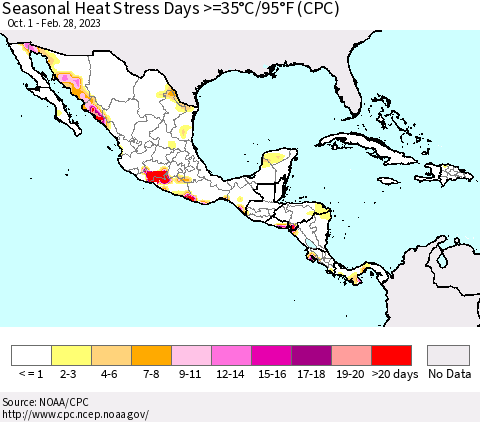 Mexico Central America and the Caribbean Seasonal Heat Stress Days >=35°C/95°F (CPC) Thematic Map For 10/1/2022 - 2/28/2023