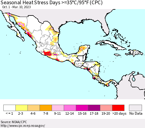 Mexico Central America and the Caribbean Seasonal Heat Stress Days >=35°C/95°F (CPC) Thematic Map For 10/1/2022 - 3/10/2023