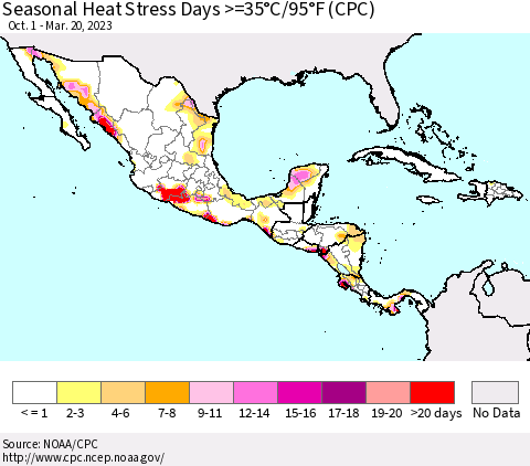 Mexico Central America and the Caribbean Seasonal Heat Stress Days >=35°C/95°F (CPC) Thematic Map For 10/1/2022 - 3/20/2023
