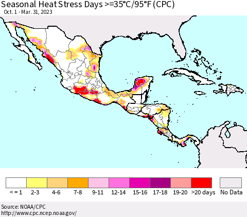 Mexico Central America and the Caribbean Seasonal Heat Stress Days >=35°C/95°F (CPC) Thematic Map For 10/1/2022 - 3/31/2023