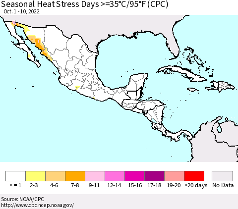Mexico Central America and the Caribbean Seasonal Heat Stress Days >=35°C/95°F (CPC) Thematic Map For 10/1/2022 - 10/10/2022