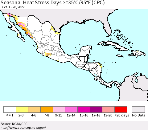 Mexico Central America and the Caribbean Seasonal Heat Stress Days >=35°C/95°F (CPC) Thematic Map For 10/1/2022 - 10/20/2022