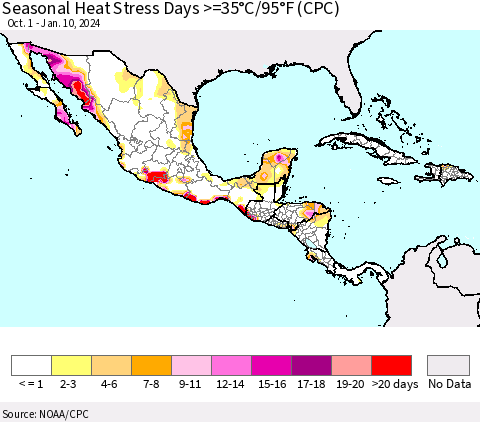 Mexico Central America and the Caribbean Seasonal Heat Stress Days >=35°C/95°F (CPC) Thematic Map For 10/1/2023 - 1/10/2024