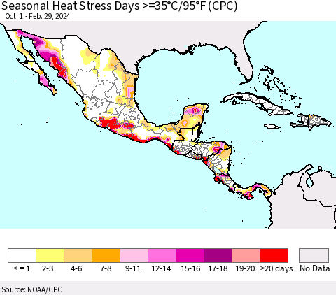 Mexico Central America and the Caribbean Seasonal Heat Stress Days >=35°C/95°F (CPC) Thematic Map For 10/1/2023 - 2/29/2024