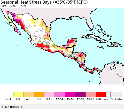Mexico Central America and the Caribbean Seasonal Heat Stress Days >=35°C/95°F (CPC) Thematic Map For 10/1/2023 - 3/10/2024