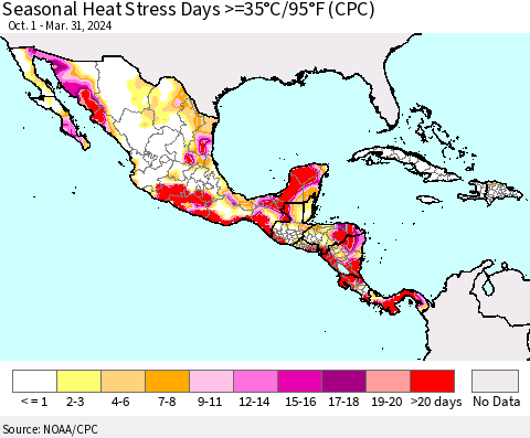 Mexico Central America and the Caribbean Seasonal Heat Stress Days >=35°C/95°F (CPC) Thematic Map For 10/1/2023 - 3/31/2024
