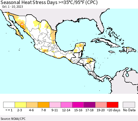 Mexico Central America and the Caribbean Seasonal Heat Stress Days >=35°C/95°F (CPC) Thematic Map For 10/1/2023 - 10/10/2023