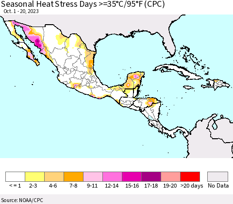 Mexico Central America and the Caribbean Seasonal Heat Stress Days >=35°C/95°F (CPC) Thematic Map For 10/1/2023 - 10/20/2023