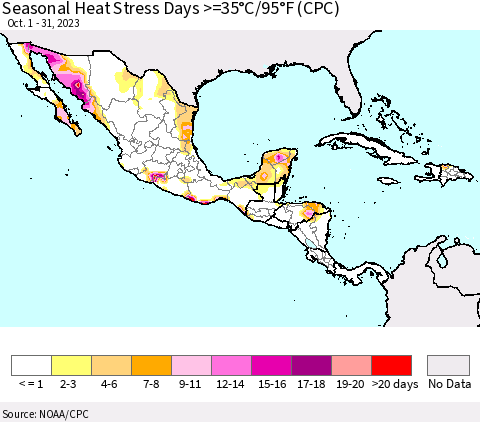 Mexico Central America and the Caribbean Seasonal Heat Stress Days >=35°C/95°F (CPC) Thematic Map For 10/1/2023 - 10/31/2023