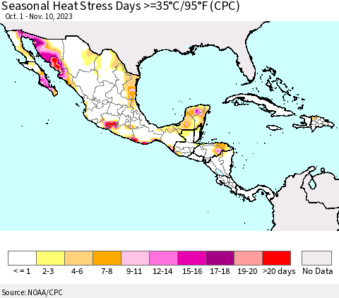Mexico Central America and the Caribbean Seasonal Heat Stress Days >=35°C/95°F (CPC) Thematic Map For 10/1/2023 - 11/10/2023