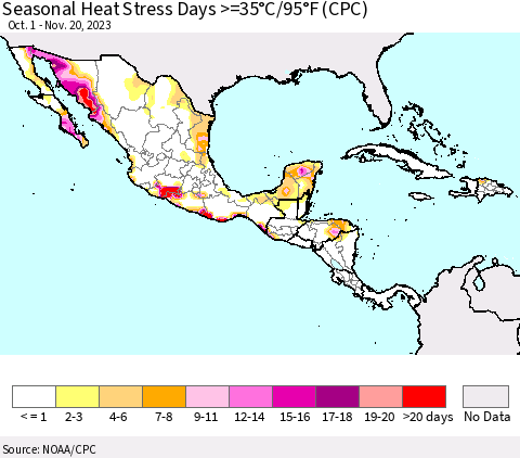 Mexico Central America and the Caribbean Seasonal Heat Stress Days >=35°C/95°F (CPC) Thematic Map For 10/1/2023 - 11/20/2023