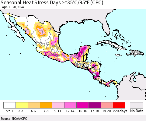 Mexico Central America and the Caribbean Seasonal Heat Stress Days >=35°C/95°F (CPC) Thematic Map For 4/1/2024 - 4/20/2024