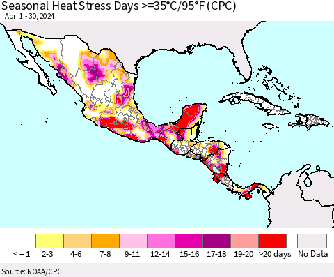 Mexico Central America and the Caribbean Seasonal Heat Stress Days >=35°C/95°F (CPC) Thematic Map For 4/1/2024 - 4/30/2024