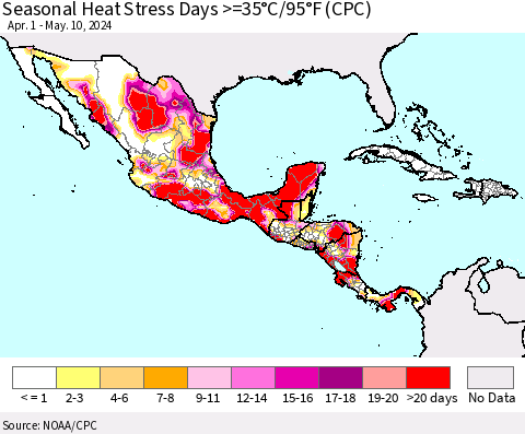 Mexico Central America and the Caribbean Seasonal Heat Stress Days >=35°C/95°F (CPC) Thematic Map For 4/1/2024 - 5/10/2024