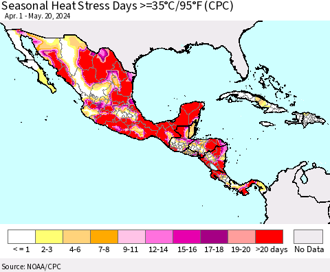 Mexico Central America and the Caribbean Seasonal Heat Stress Days >=35°C/95°F (CPC) Thematic Map For 4/1/2024 - 5/20/2024