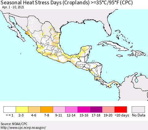 Mexico Central America and the Caribbean Seasonal Heat Stress Days (Croplands) >=35°C/95°F (CPC) Thematic Map For 4/1/2021 - 4/10/2021