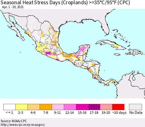 Mexico Central America and the Caribbean Seasonal Heat Stress Days (Croplands) >=35°C/95°F (CPC) Thematic Map For 4/1/2021 - 4/20/2021