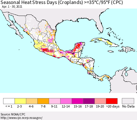 Mexico Central America and the Caribbean Seasonal Heat Stress Days (Croplands) >=35°C/95°F (CPC) Thematic Map For 4/1/2021 - 4/30/2021